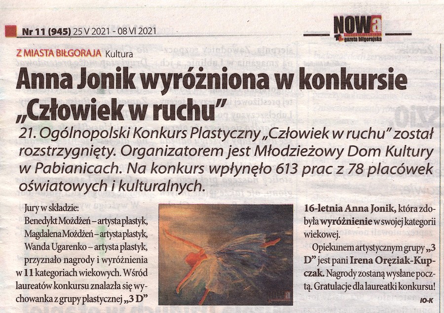 NOWA gazeta bigorajska - w artykule przeczytasz o wyrnieniu Anny Jonik - w konkursie plastycznym Czowiek w ruchu