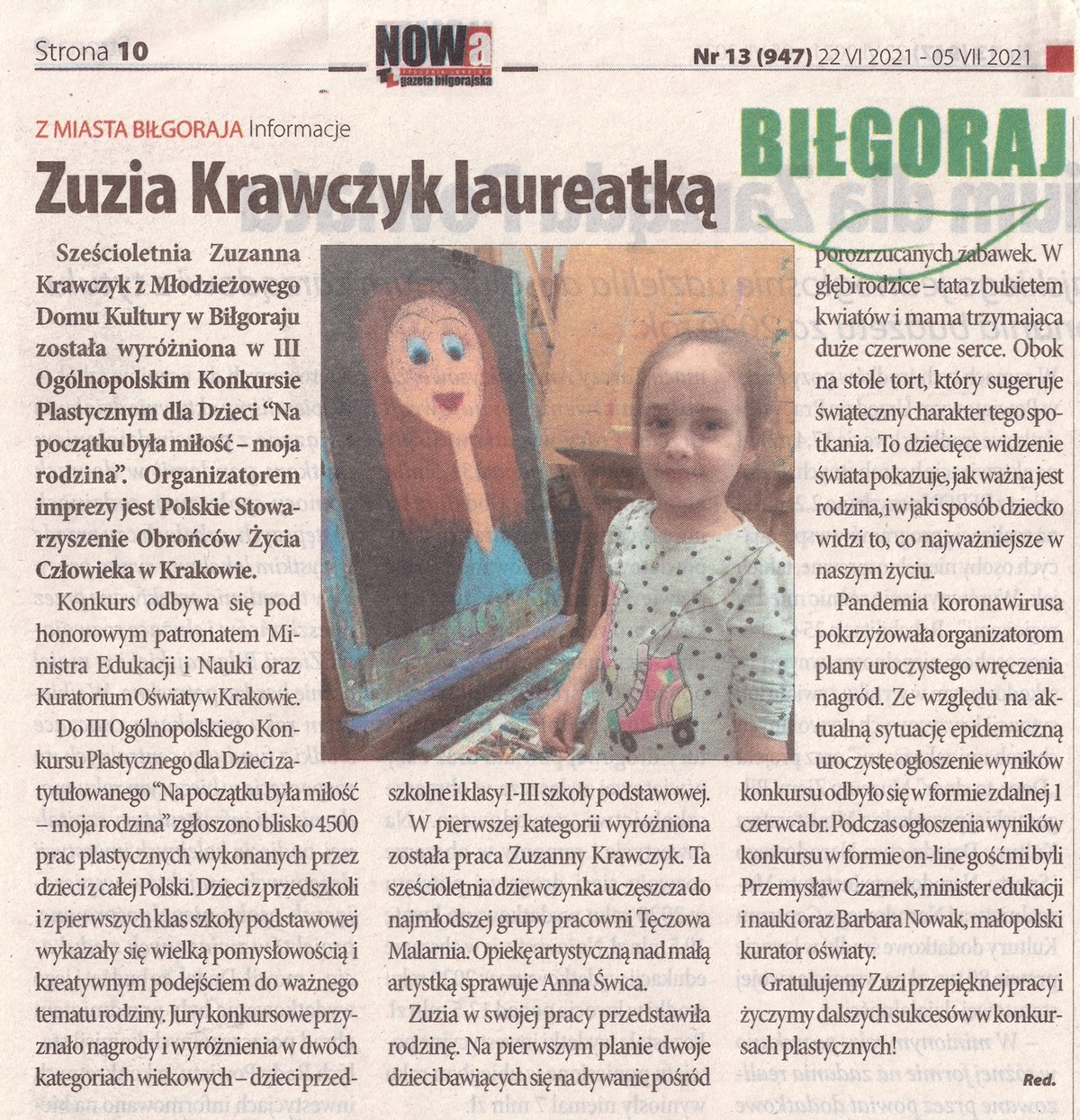 NOWA gazeta bigorajska - w artykule przeczytasz o sukcesie plastycznym Zuzi Krawczyk