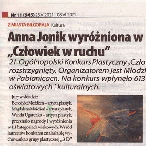 NOWA gazeta biłgorajska - w artykule przeczytasz o wyróżnieniu Anny Jonik - w konkursie plastycznym Człowiek w ruchu